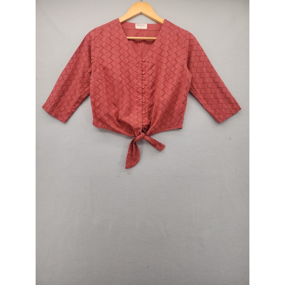 Bombay Paisley Red Eyelet Cotton‎ Tie Front Crop Top Blouse SM Boho Embroidered